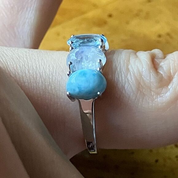 Blue Topaz Rainbow Moonstone Sterling Silver Ring Size 7 - Picture 3 of 9